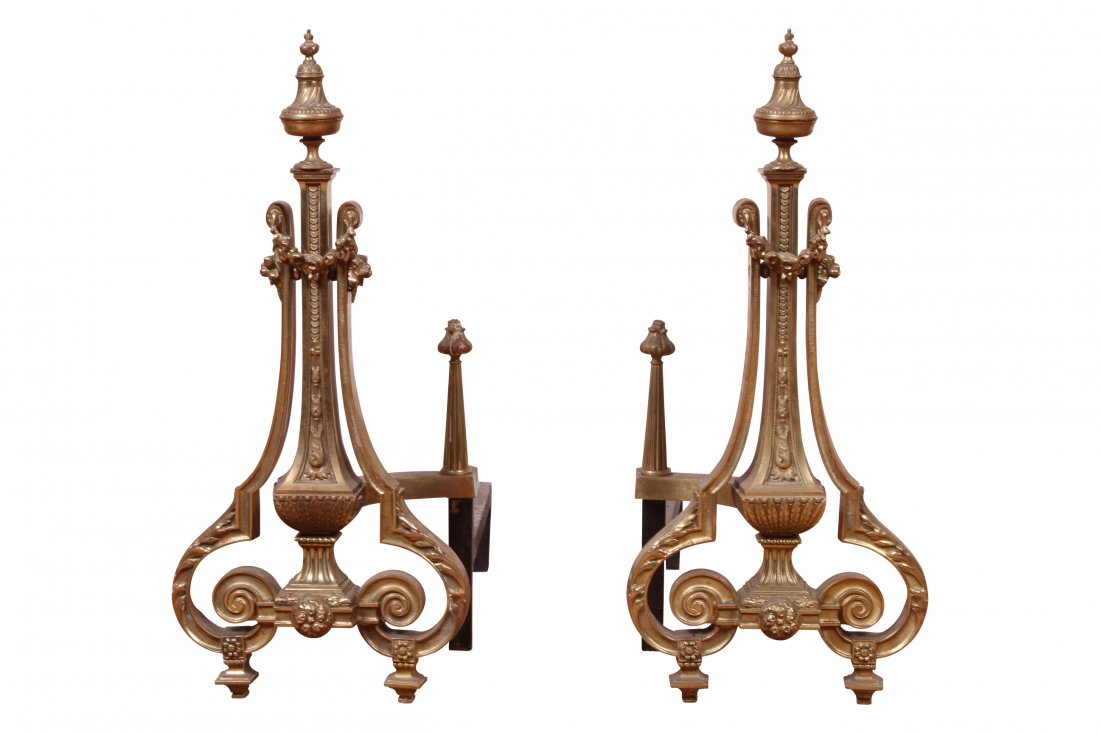 Pair Of Antique French Bronze Andirons: Beautiful details throughout. 10" long x 24" deep x 23" high. Excellent condition.