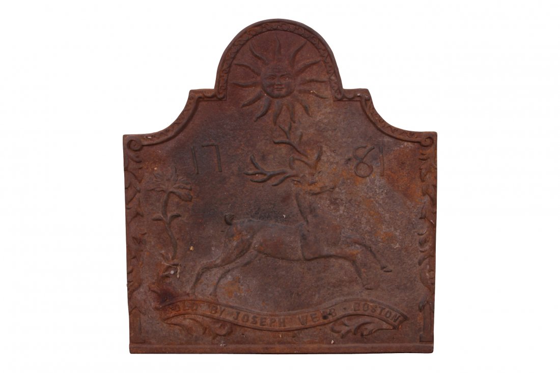 Cast Iron Fire Back: Marked: "1781 sold by Joseph Webb Boston." 18th century or later 25 1/2" long x 1" deep x 27" high.