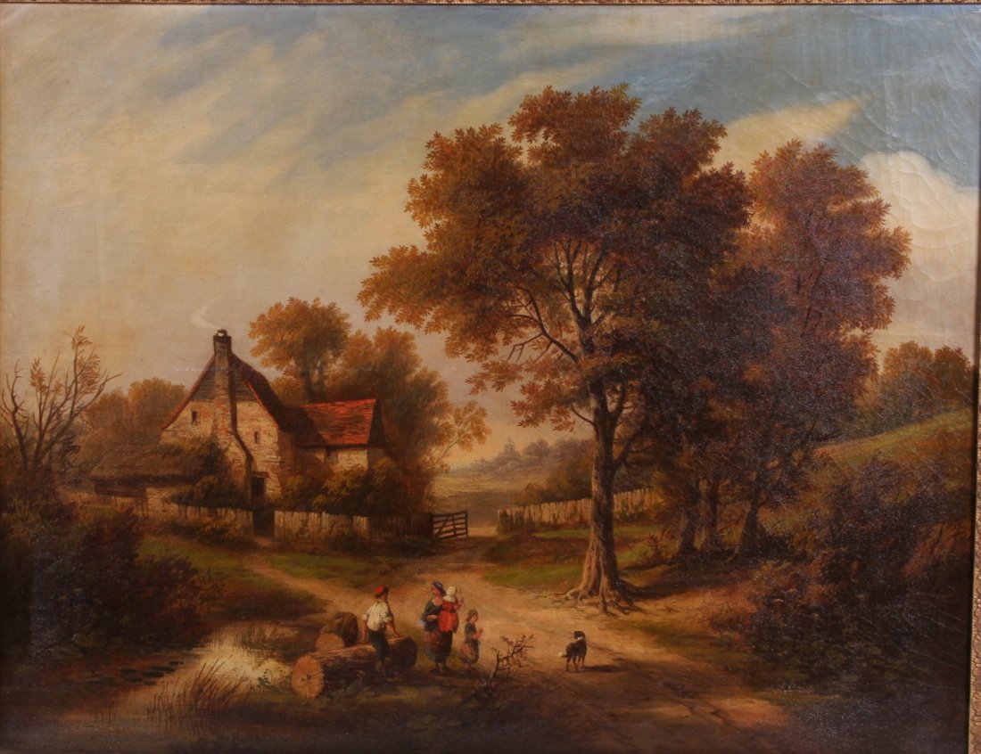 Thomas Creswick, (British, 1811 - 1869): "Landscape with Figures " oil on canvas well framed. Image: 28" x 36" Frame: 35" 42 1/2" Painting has some crackle.