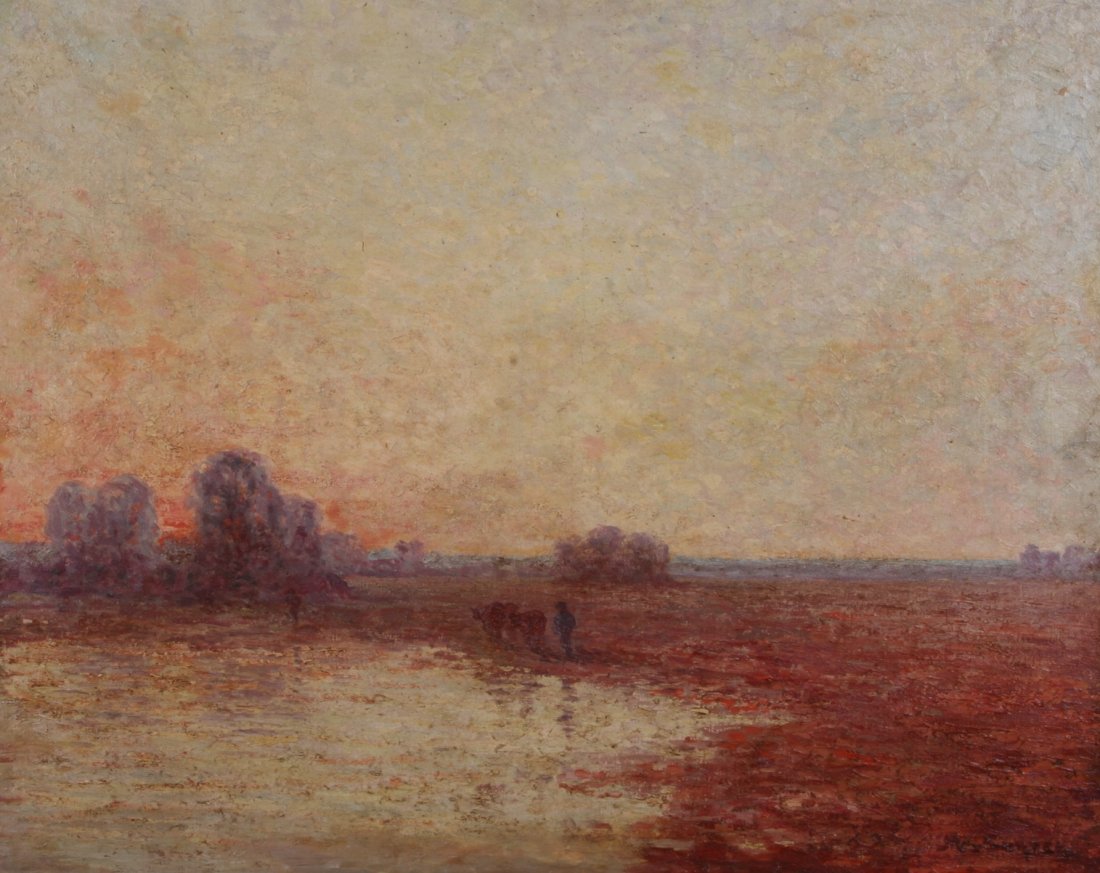 Continental 19th Century School: "Field with Pond" at sunset. Oil on canvas. Signed indistinctly lower right. Painting: 25 1/2 x 31 1/2 inches. From the Cloverbrook Estate