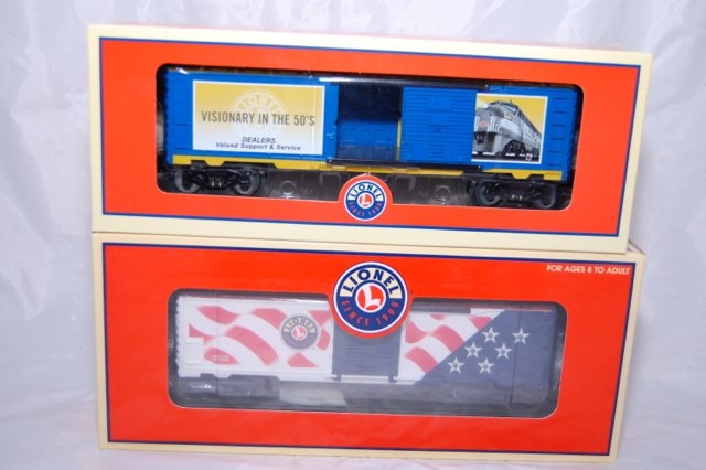 Lionel Set of Two Box Cars: Two box cars in the box. One was given to Lionel dealers as a promotional item.