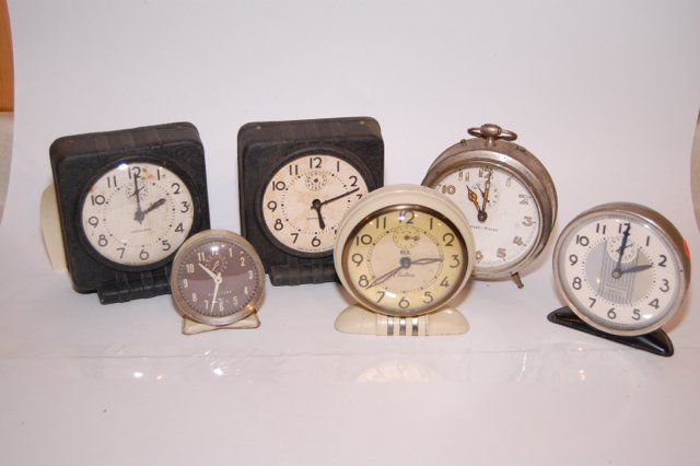 Lot of vintage clocks Westclox Waralarm Included: nonworking vintage alarm clocks lot of 6. Two Westclox Waralarms which were made of what looks like recycled paper due to a metal shortage during World War II. Please note that none of these clocks ru