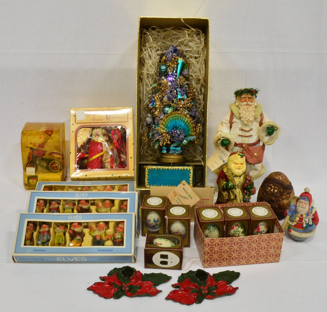 Mixed Collection of Christmas Decorations: Jester, Windup Tin Toy, Handpainted Elves & Eggs, Rosemary Originals Christmas Tree, Santa, Cast Iron, Holly Leaf Candlesticks