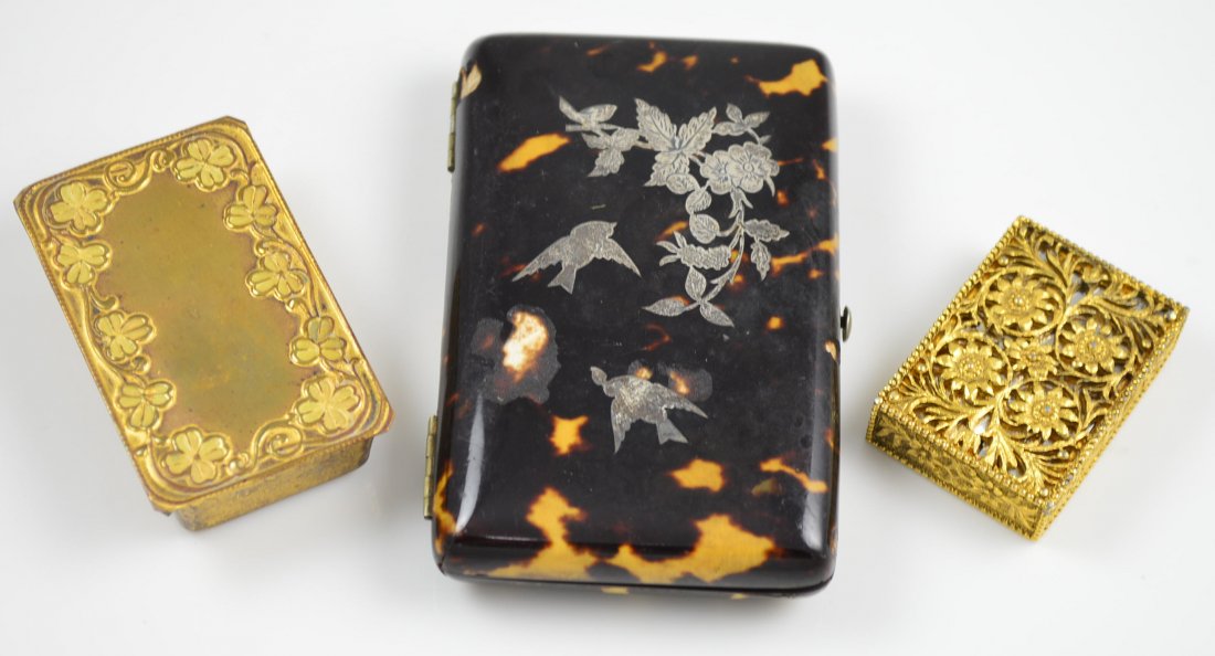 Collection of Decorative Boxes: 3 Boxes, Largest 3 1/2" x 2 1/4", Tortoise Shell with Sterling Inlay, Goldtone Floral Motif Smaller Boxes