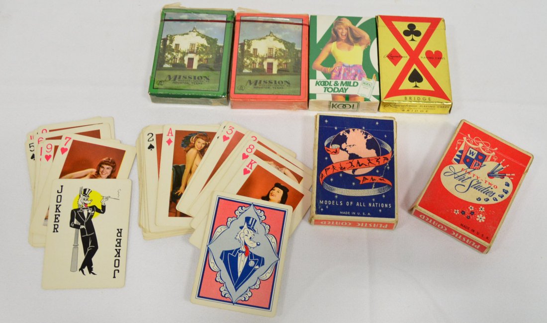 Collection of Playing Cards, 2 Sets Nude Art Cards: Nude Art Cards, c. 1950, 6 Sets Total, Kool Cigarette Deck, 2 Decks Mission Manufacturing/Houston, TX, Bridge Card Deck