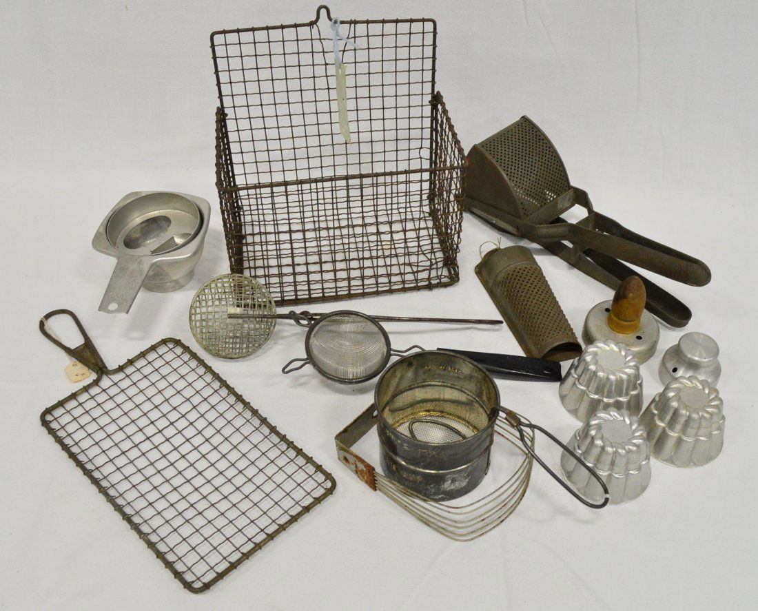 Collection of Antique Kitchen Utensils: Wire Basket, Sifters, Graters, Frying Utensil, Pastry Tool, Etc. 14 Total