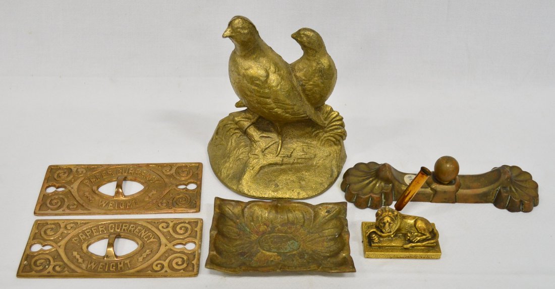 Collection of Brass Weights & Desk Objects, Door Stop: Two Birds Door Stop, 7 1/2"H, Map Weight, Paper Currency Weights, Dish, Lion Pen Holder