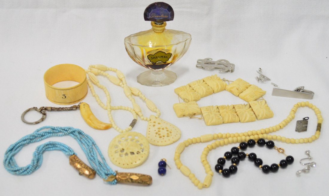 Assorted Collection Perfume Bottle & Jewelry: Vintage Baccarat Shalimar Perfume Bottle, 14K Gold & Onyx Bracelet, Tooth Key Chain, Ivory & Bone Bracelets, Pin & 2 Necklaces. Napkin Ring, Blue Bead Jewelry Piece, & Some Silver Items, 15 Pieces Tot