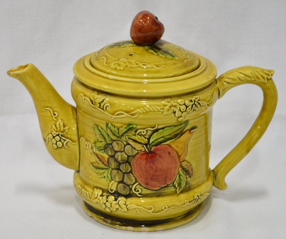 Antique Geo Lefton Majolica Teapot: Fruit Designs, #3741, has a circled on bottom, 7"H, EST 30-50
