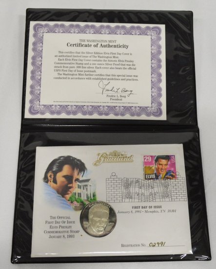 Elvis Presley Commemorative Stamp & Silver Coin: Encased, #62991, Highly Collectible, EST 30-50