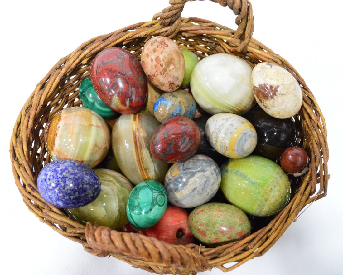 Collection of Polished Gemstone Eggs: 34 Various Shaped Eggs, Lapis, Malachite, Quartz, Mahogany, Sodalite, Jasper & More, EST 100-150