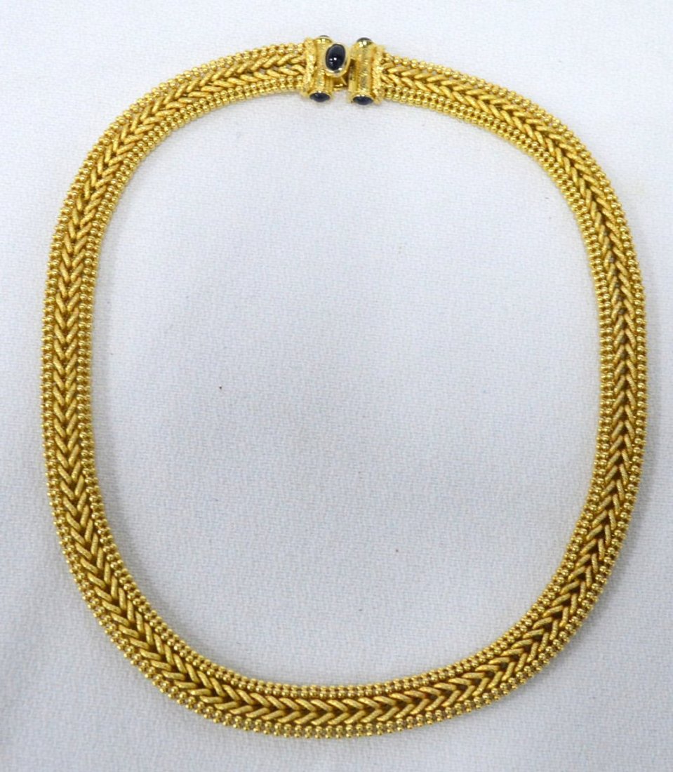 14K Yellow Gold & Sapphire Necklace: 14k Ball & Rope Chain Choker with Sapphire Clasp, 49.1 grams, EST 800-2000