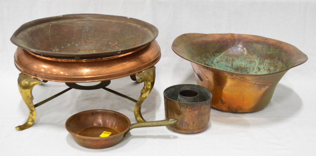 Collection of Antique Copper: 2 Bowls, Mini Bundt Pan, Warmer, Mini Skillet, EST 50-100