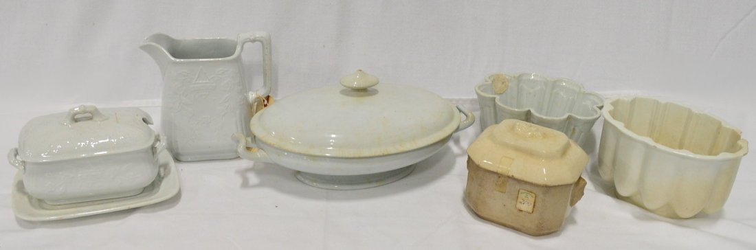 Collection of White Ironstone & Porcelain: Pitcher, 2 Molds, 3 Tureens, Platter, Pitcher and Tureen have T. Furnival & Sons Marking, Douglas & McNeice Montreal, Molds have Shelley & Maling Marks, 1 Tureen - Edward Pearson Cobridge, Pitcher 6.5