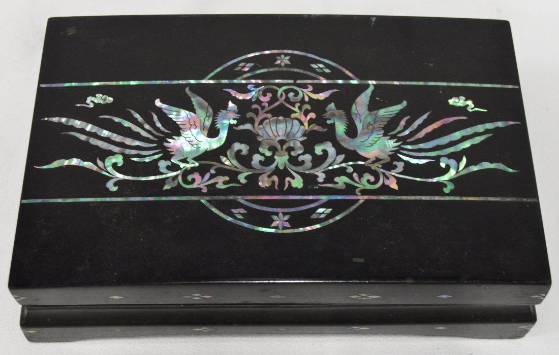 Black Chinese Abalone Inlaid Box: Inside Compartments, Writing Box, 5.5" x 9", EST 50-75