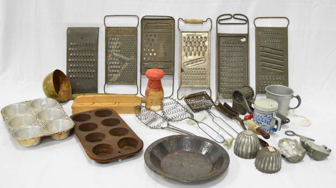 Vintage Kitchen Graters, Tools, Utensils: 6 Graters, 2 Muffin Pans, Aluminum Cups, Wooden Pieces, Molds, Cheese Grater, EST 40-75