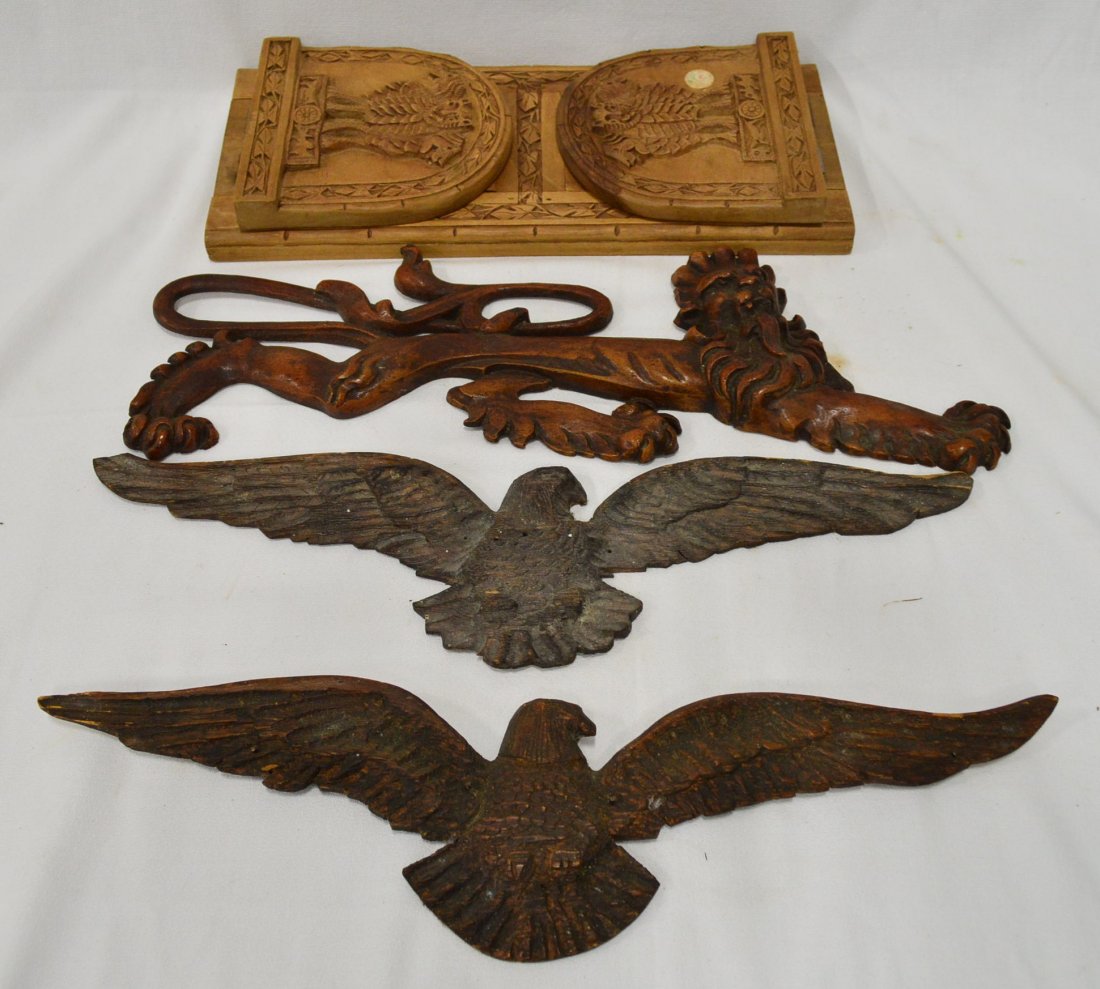 Wood Carved Sliding Bookends & Decorative Wood Carvings: Griffin Designed Sliding Wood Bookends, Decorative Matching Wooden Eagles, Griffin Wood Carving, (piece missing), Eagles m. approx. 19â€L, EST 50-75