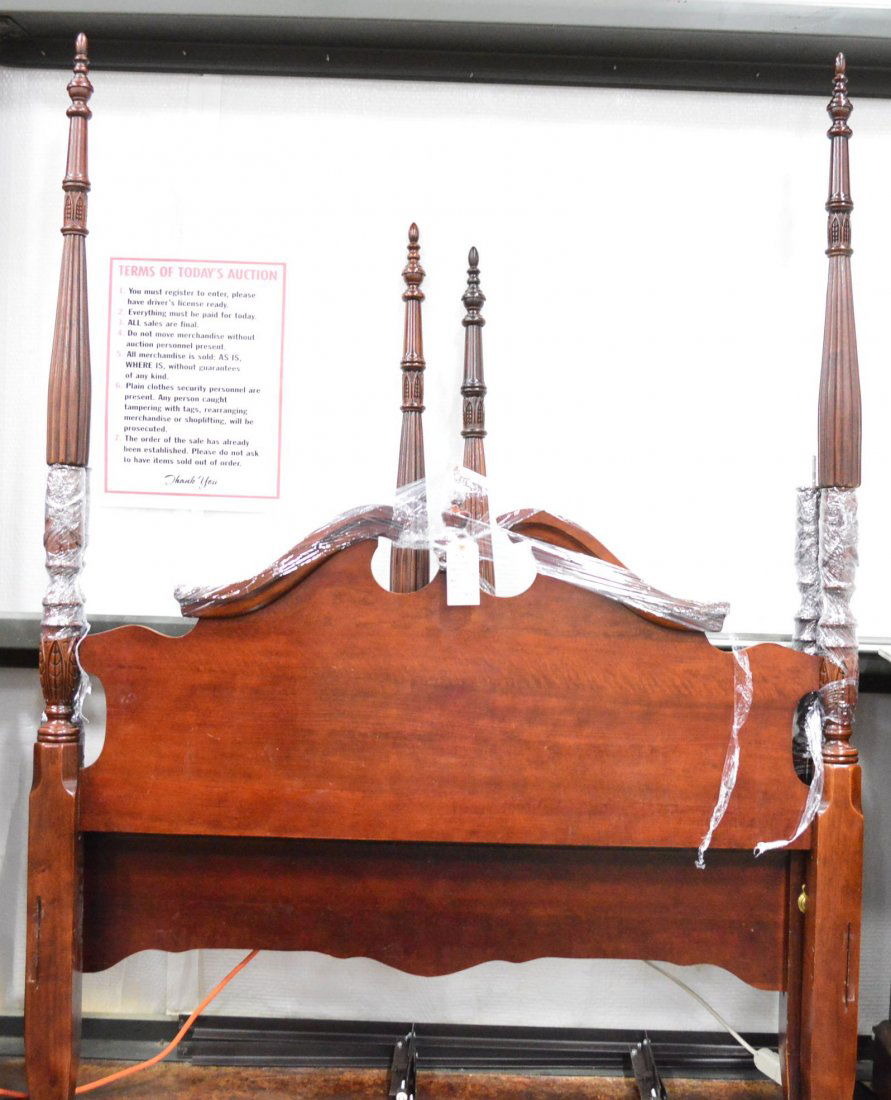 Antique Cherry Four Poster Rice Bed: Antique Full Size Cherry Rice Bed with Frame, Gold Accents, EST 400-800