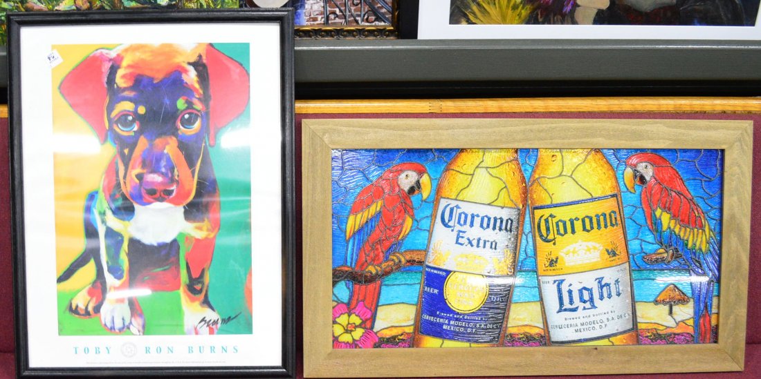 Corona Advertisement Painted Glass & Dog Print: Framed Corona Painted Glass, 32in x 18in, Framed Dog Poster 25in x 19.5in, EST 150-200