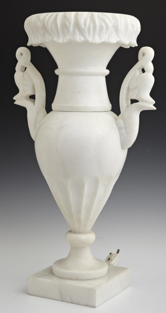 Carved Alabaster Lamp: Carved Alabaster Lamp, 18in H, early 20th c., baluster form, pierced carved handles on socle support with square base