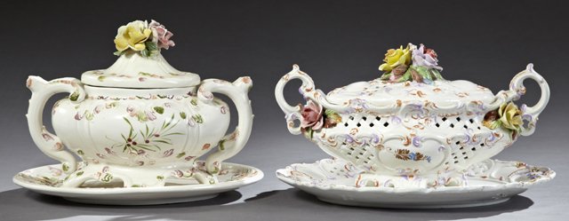 Pair of Italian Pottery Covered Tureens on Flats: 20th c., one marked Val de Brenta, with relief floral lid surmounts & polychromed floral decoration, Minor Damage, Largest 14in x 11in