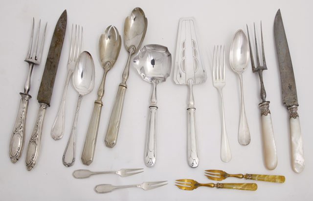 7 Boxes of Antique Stainless Sets, HUGE LOT: 12 Serving Spoons, 10 Forks in Box 1, Box 2-Mother of Pearl Carving Set, Box 3 French Carving Set, Red Box- Pair Serving Spoons, Green Box-Pair Serving Utensils,8 Parisian Cold Meat Forks, Set of 12 B