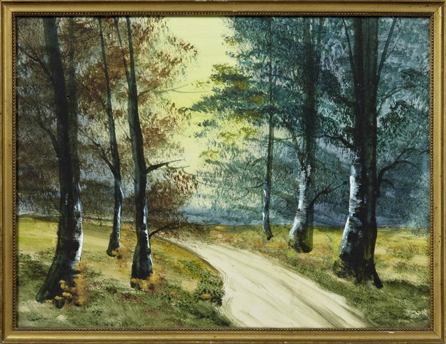 French School "Road through the Birches" Oil on Paper: 10in x 13.5in, Glass & Frame, c. 1960, signed indistinctly & dated