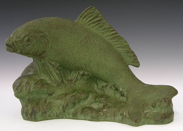 Henri Bargas "Fish" Terracotta Figure: Henri Bargas, "Fish," 20th c., green patinated terracotta figure, verso with an impressed signature, H.- 10 1/4 in., W.- 14 3/4 in., D.- 8 in