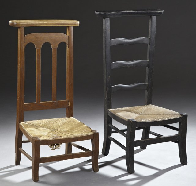 Set of 2 Rush Seat Prie Dieus: Two French Provincial Rush Seat Prie Dieus, late 19th c. one of ebonized beech with a ladder back, the second of carved oak with a spindle back, H.- 35 1/2 in., W.- 18 1/4 in., D.- 14 in.