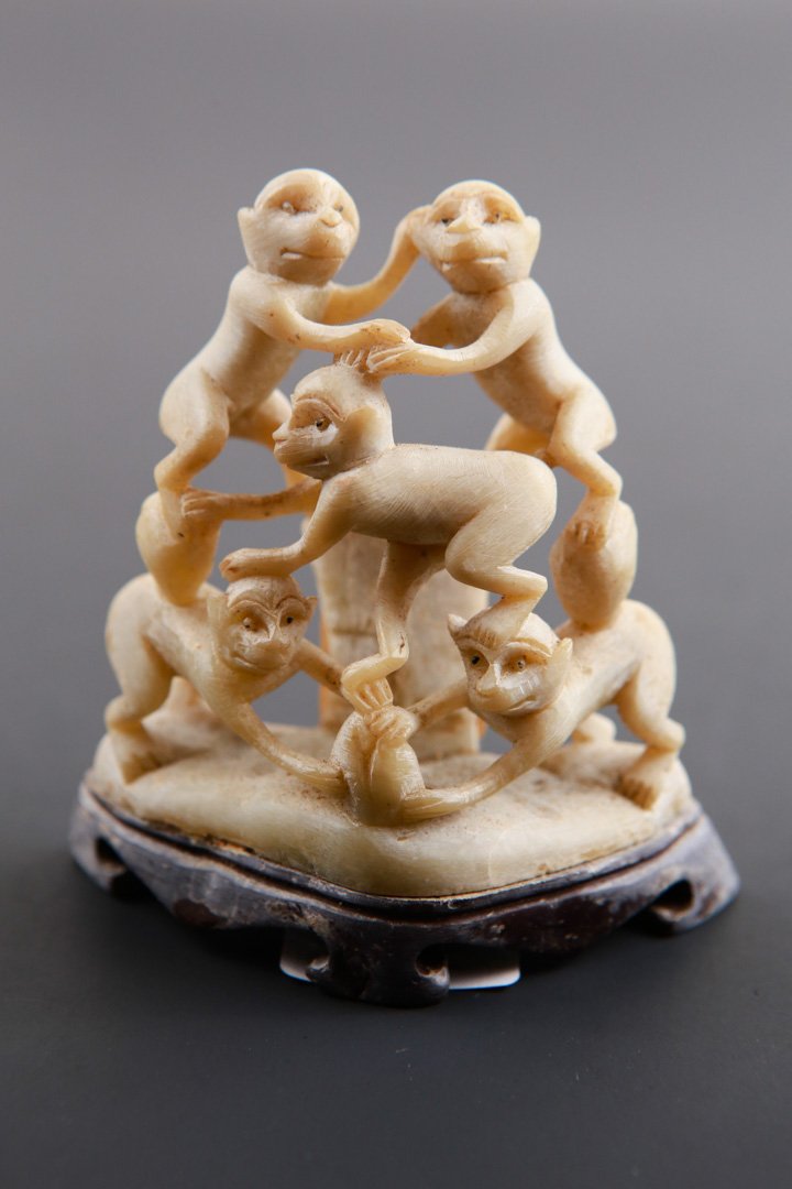 Playing Monkeys Soapstone Sculpture: m. 3.25in H, base 3in L