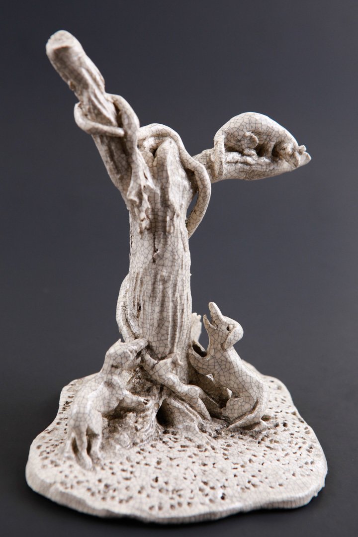 Steele Burden Untitled Sculpture: Dogs and Tree Sculpture, Signed Steele Burden, no title, m. 6in H, base 5in W