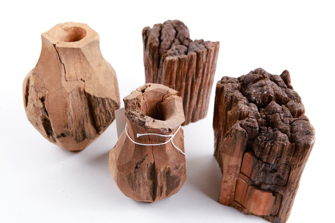 Group of Red Cypress Puzzle Box & Wooden Vases: Michael Mire Carved Red Cypress Puzzle Box, has damage, 2 wood vases, tallest m. 7in H