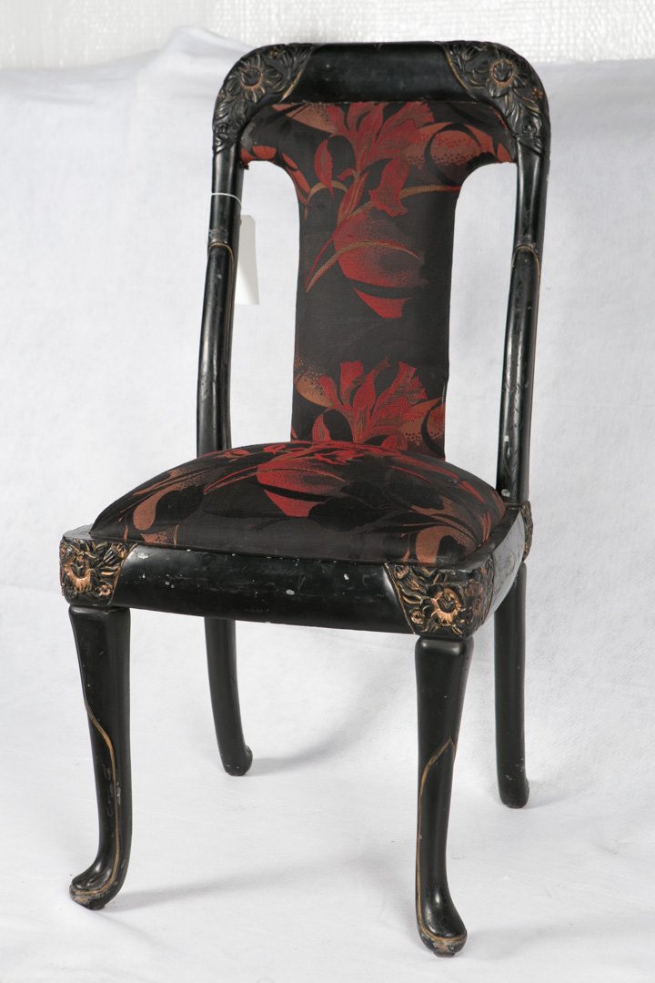 Art Nouveau Ebony Carved Chair: Red & Black Floral Upholstery, Carved Floriform Designs, extremely heavy, 19th c., now an endangered wood, m. 40in H x 19in x 18in