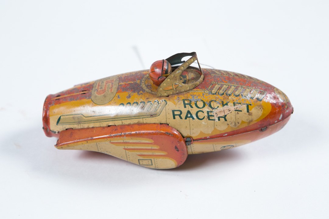 Vintage Rocket Racer Toy: Patinized paint, needs reparation, m. 7in x 3in