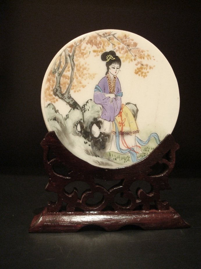 Antique Chinese Table Screen in marble painted: Antique Chinese Table Screen in marble, painted with a court lady in a garden, with wooden stand, 5.50in.
