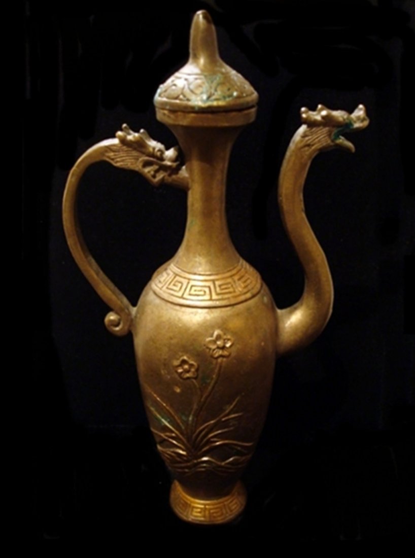 Chinesse cooper tea pot, mountain with flowers, marks: Chinesse cooper tea pot, mountain with flowers decorated, marks on base: 7.50" H.