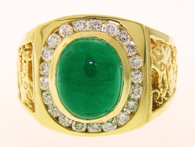 Men Ring Emerald Diamond 5.43Ct 14k Y/g: Gem: Natural Emerald and Diamond Diamonds 21 Pieces Weight:.84 carat Round Brilliant Clarity: SI2,Color: H,Treatment:None Emerald Weight:3.76 carat Cabochon Oval Measurement:9x7 mm Clarity: SI,Color: