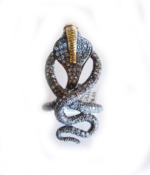 Cobra Snake Figure Diamond Ring 1.35CT 18K Two-tone: Gem Type: Natural Diamond Qty: 1 Item: Ring (Size: 8) Diamond: 1.35 carat round Brilliant Clarity: I, Color: k Metal: 18K gold two-tone Overlay 925 Band thickness: 2-3 Length: 1.5” Width: 3/4” S