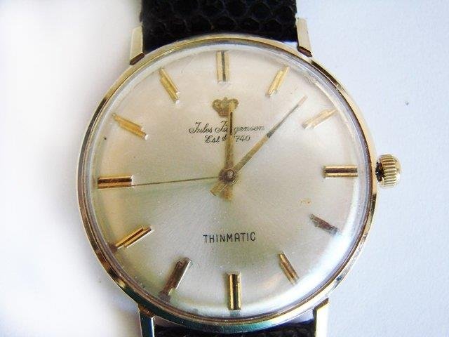Vintage Jules Jurgensen 14k Gold Men’s Wrist Watch: Item: Vintage Wrist Watch Jules Jurgensen, Movement is marked’ Jules Jurgensen vintage watch Ests d 1740 Qty: 1 Gender: Men Per- owned Movement is marked’ Vintage Jules Jurgensen watch, Thinmatic