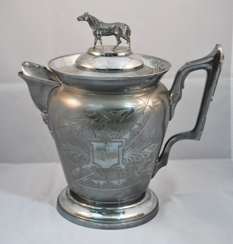 ANTIQUE 1876 EQUESTRIAN MERIDIAN TROPHY SILVERPLATE: Offered for your consideration this exquisite 19th century Equestrian Trophy , quadruple plate , made by Meridian during the aesthetic movement, It produced some of the finest silver objects. The Aest
