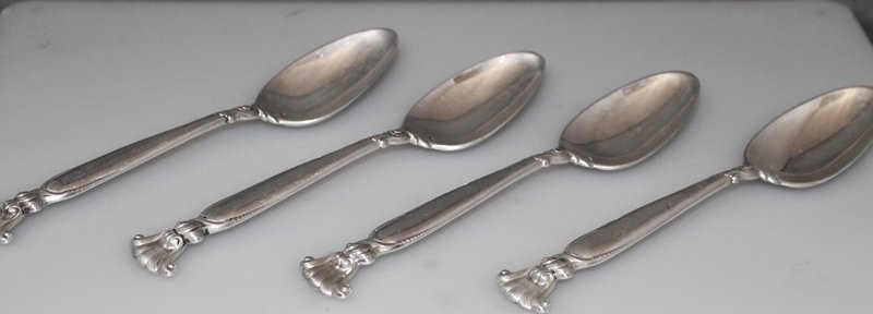 WALLACE ROMANCE OF THE SEA 4 STERLING OVAL SOUP SPOONS: We present for your consideration this collection of 4 sterling silver Oval Soup Spoons, classic vintage Pattern Romance of the Sea by Wallace Silversmiths, designed by William S Warren , Solid sterli