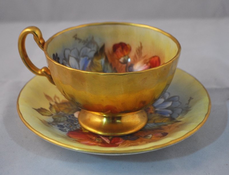 JOHN AYNSLEY 1950s OBAN SGND HP DUAL FLOWERS CUP SAUCER: The AEAA is extremely proud to showcase this next of our magnificent collection of antique and vintage hand painted, matched cup and saucer sets from England and Europe. Our pair represents another go