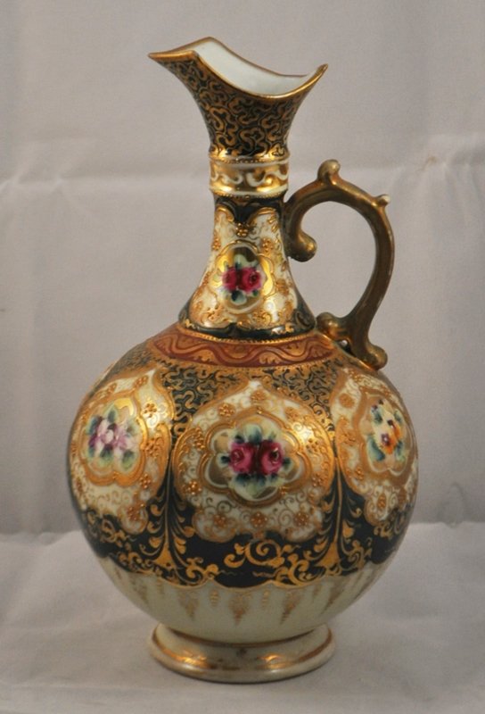 RARE HP 1890s HP NIPPON COBALT GILT FLORAL EWER PITCHER: We are very pleased to Showcase this RARE & gorgeous 1890 to 1900 hand painted Nippon Cobalt porcelain, 9.75" home market ewer pitcher, finished in spectacular heavy gilt & multi Persial style floral 