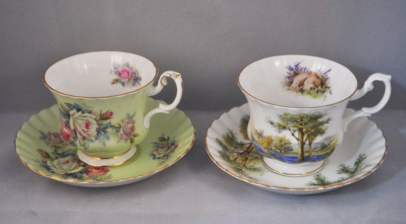 THOMAS WILD ROYAL ALBERT HP 1945+ CHINA CUPS SAUCERS: The AEAA is extremely proud to showcase this next of our magnificent collection of antique and vintage hand painted, matched cup and saucer sets from England and Europe. Our two pair represent gorgeou