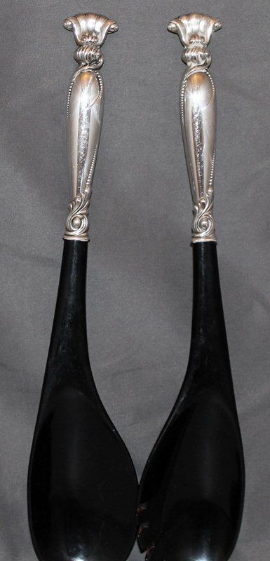 WALLACE ROMANCE OF THE SEA STERLING SALAD SERVING SET: We present for your consideration this Salad Serving Set sterling silver handles , classic Pattern Romance of the Sea by Wallace Silversmiths, sterling handles. Each measures 12 long. hard plastic bow