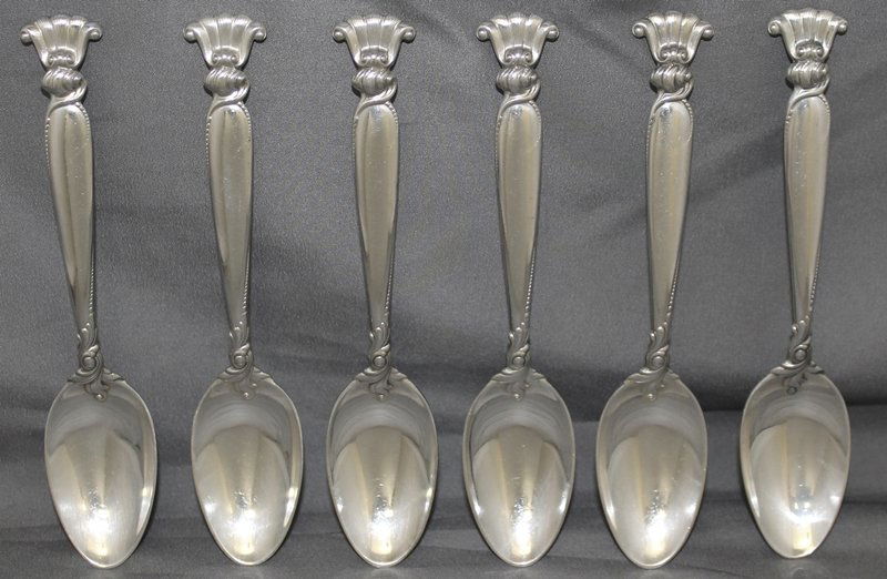 WALLACE ROMANCE OF THE SEA 6 STERLING TEASPOONS: We present for your consideration this collection of 6 sterling silver Teaspoons , classic vintage Pattern Romance of the Sea by Wallace Silversmiths, designed by William S Warren , Solid sterling. 1.