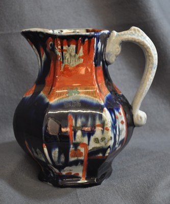 RARE 1845 CJ MASON GAUDY IRON COBALT DOLPHIN PITCHER XT: We are extremely proud to showcase this spectacular 1845 - 1848 Charles James Mason hexagonal faceted Iron Oxide Red + deep Cobalt Blue tri-color Polychrome (Gaudy) Japonisme stoneware milk pitcher, f