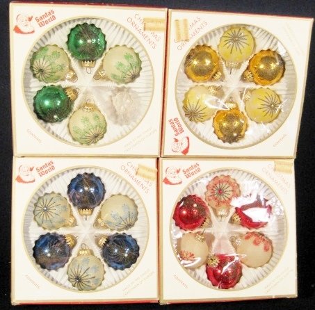 KURT ADLER HOLIDAY ORNAMENTS 4 BOXES HANDBLOWN XR: We are pleased to offer these Kurt Adler Santa's World Nostalgic Handblown Holiday Ornaments. Your bid is for all four primary color boxes of ornaments reminiscent of the beloved Shiny Brite ornaments