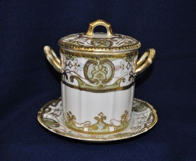 HP PRE 1921 NIPPON MAPLE LEAF MARMALADE SERVING SET XW: We are very pleased to offer this spectacular pre 1921, hand painted Nippon dual handled marmalade lidded container & under plate, finished in a gorgeous gilt scrolling motif, featuring subtle pink an