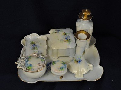 1890s MORITZ ZDEKAUER HP VIOLETS LADIES VANITY SET XW: We are exceptionally proud to present this splendid German Moritz Zdekauer, 1890's antique hand painted violets dresser vanity set for a fashionable lady. Our group includes the scalloped corner tray,